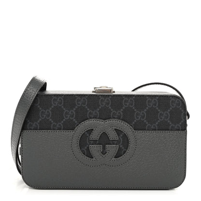 Gucci GG Supreme Monogram Textured Dollar Calfskin Mini New Basket Shoulder Bag Black Grey 1 of 9