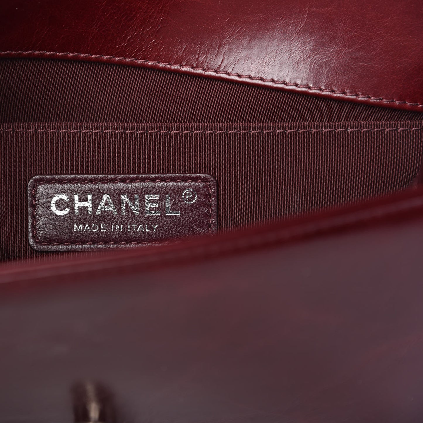 Glazed Calfskin Quilted Small Boy Chained Flap Burgundy