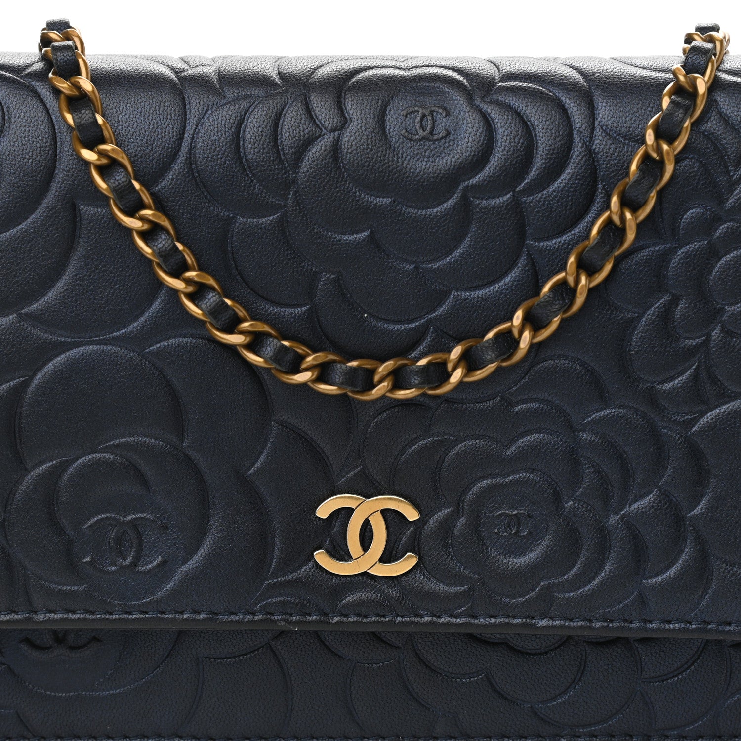 Chanel Goatskin Camellia Embossed Wallet On Chain WOC Navy 9 of 11
