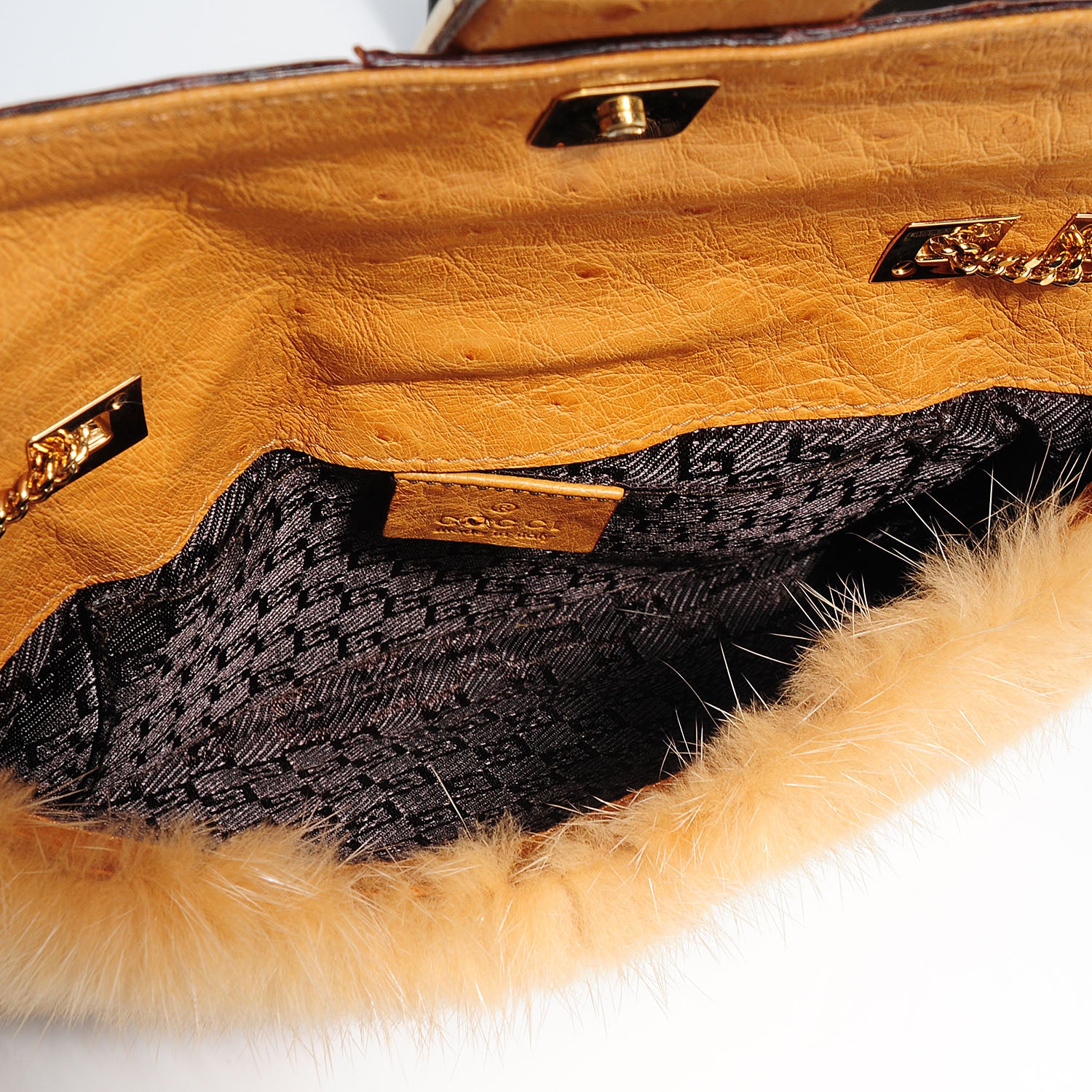 Gucci Mink Ostrich Tiger Head Leather Flap Bag Tan 6 of 9