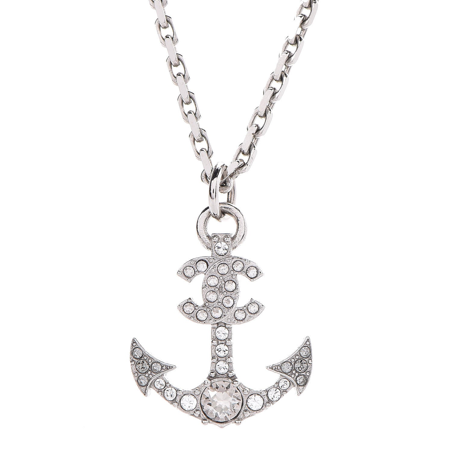 Chanel Crystal Anchor CC Pendant Necklace Silver 5 of 6