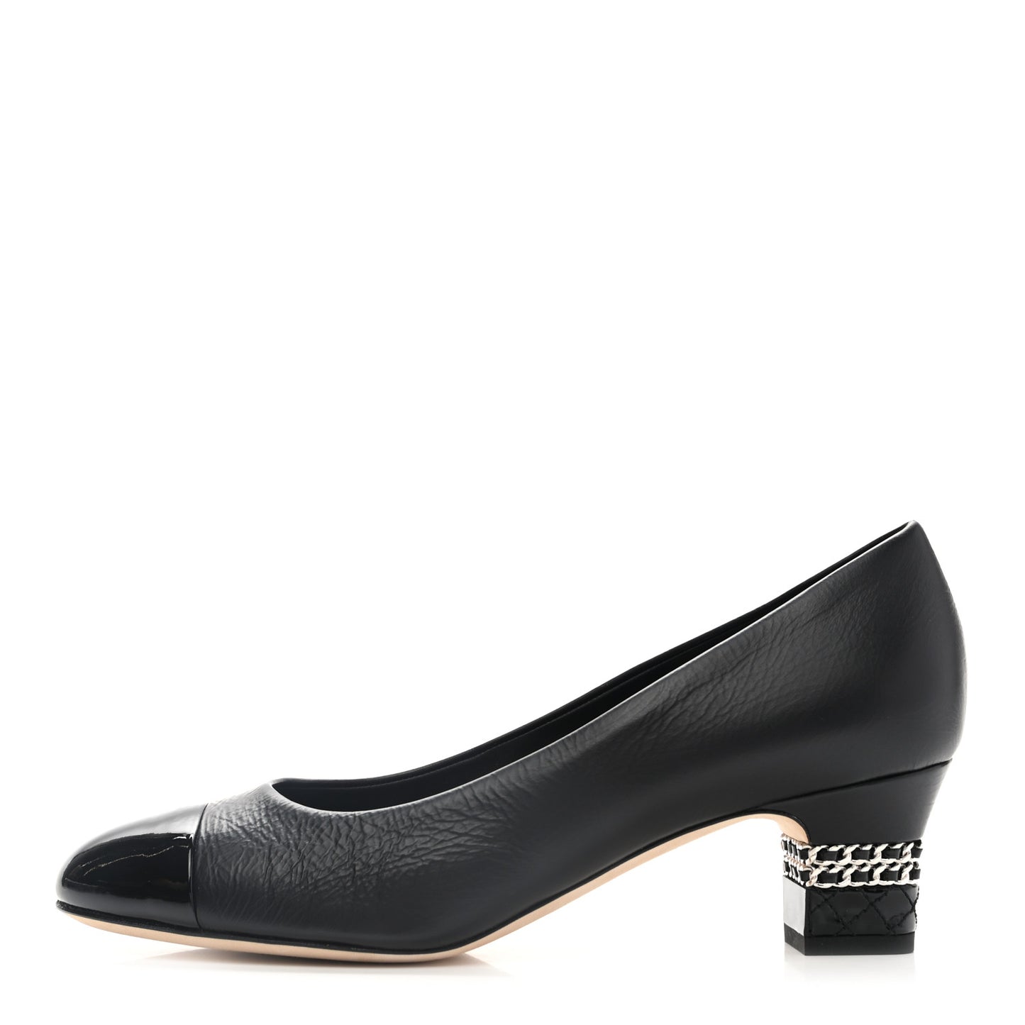 Patent Calfskin CC Cap Toe Chain Pumps 39 Black