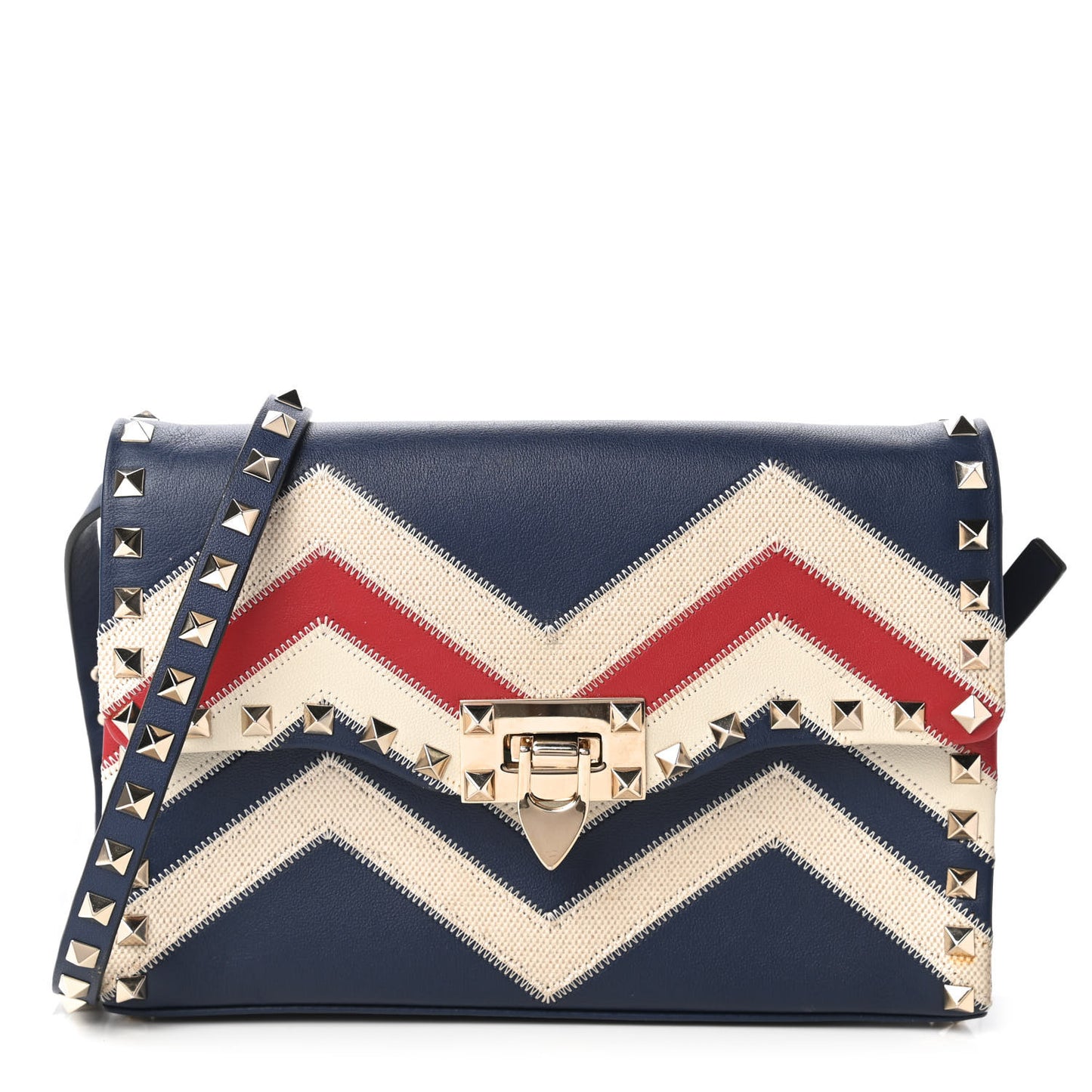 Calfskin Canvas Zig Zag Print Rockstud Flip Lock Crossbody Bag Red Blue