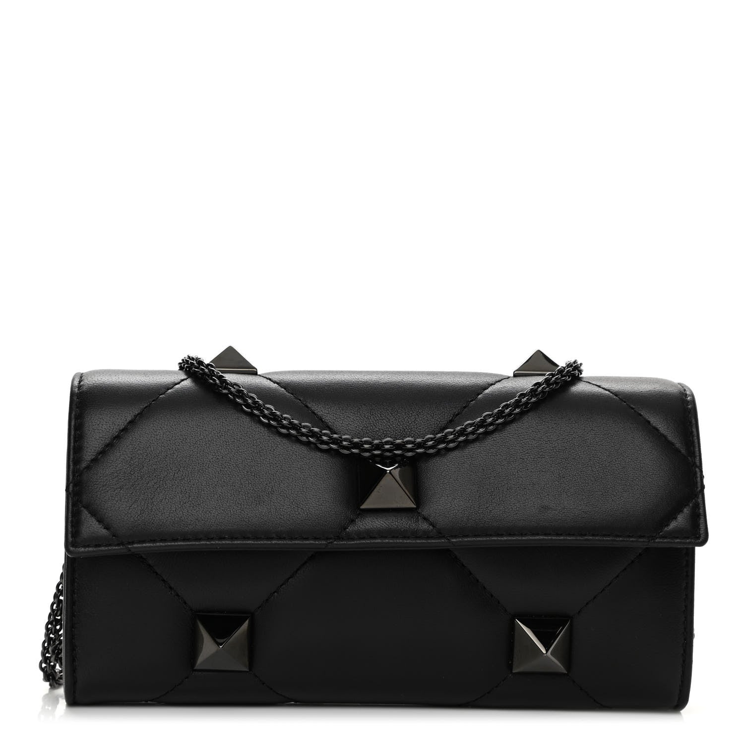Valentino Garavani Nappa Monochrome Roman Stud Wallet On Chain Black 1 of 9