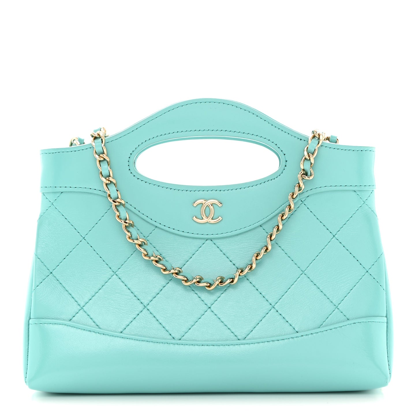 Shiny Crumpled Calfskin Quilted Nano 31 Shopping Bag Turquoise