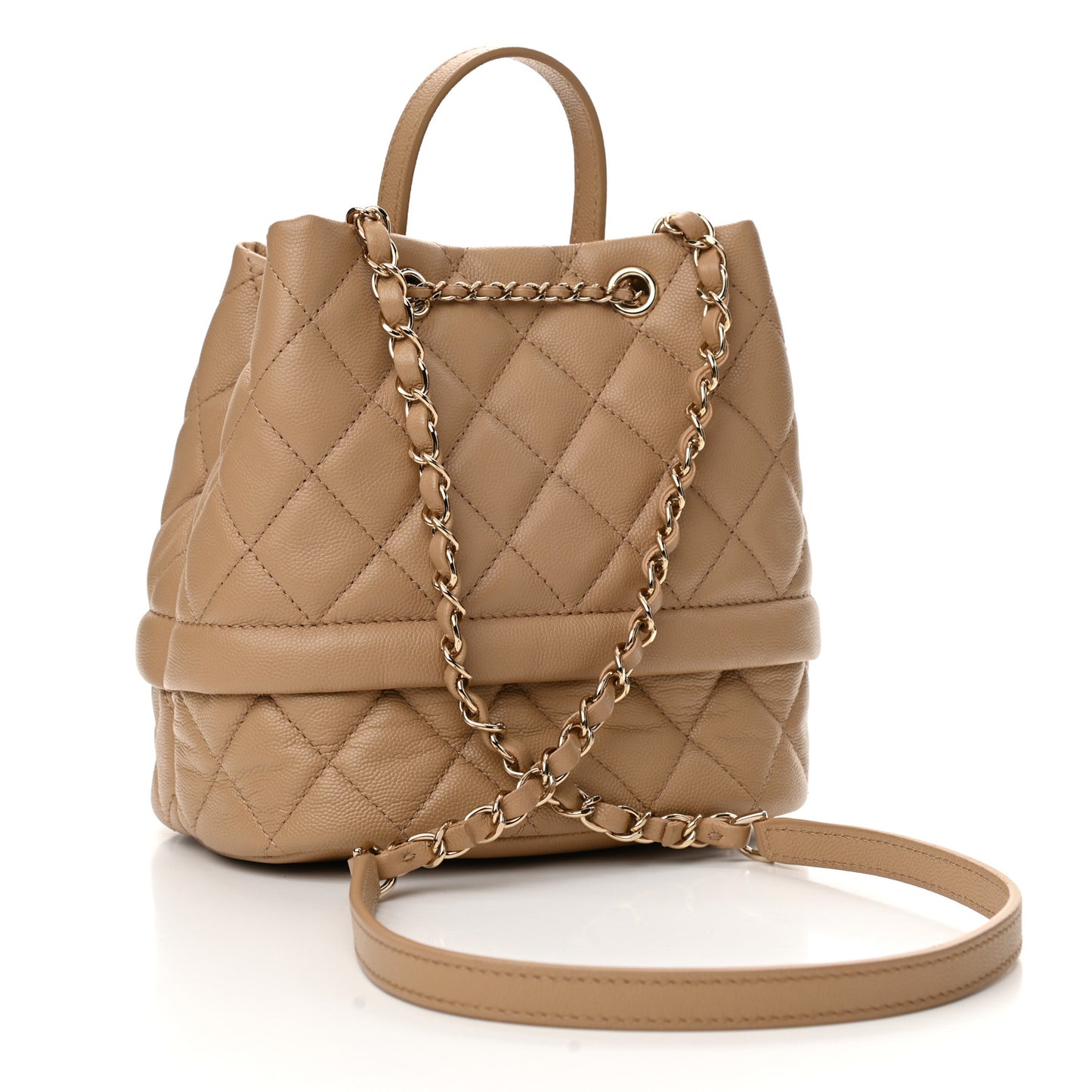 Caviar Quilted Rolled Up Bucket Drawstring Bag Beige