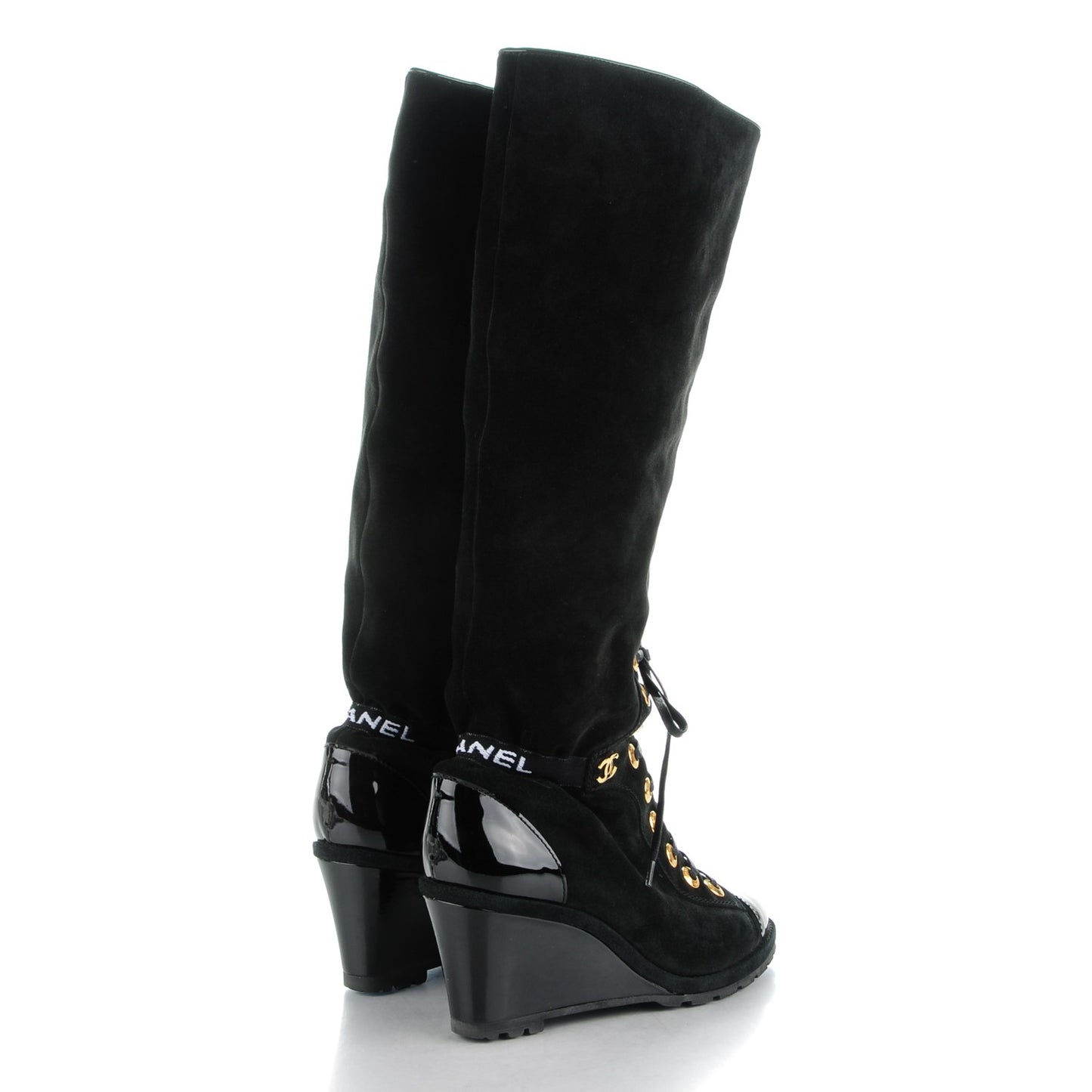 Suede Patent Cap Toe Wedge Boots 40 Black