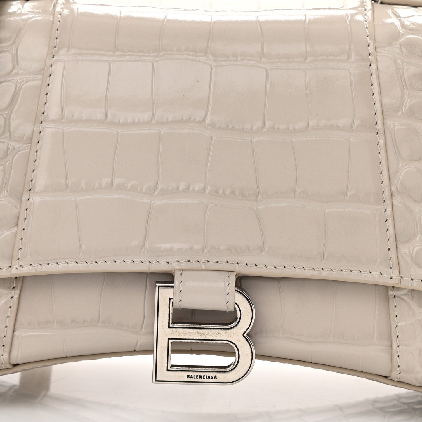 Shiny Calfskin Crocodile Embossed Small Hourglass Top Handle Bag Cold Beige