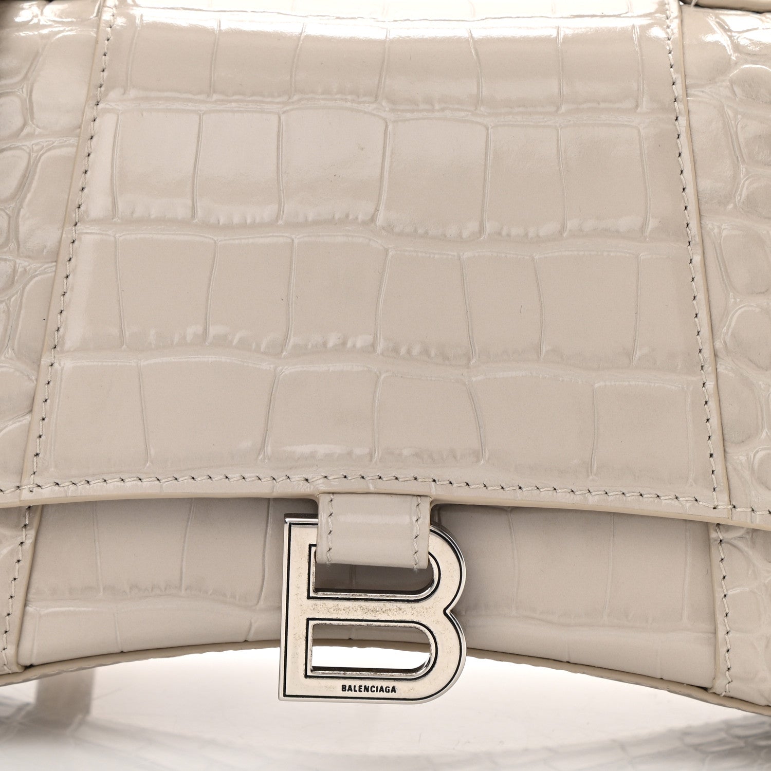 Balenciaga Shiny Calfskin Crocodile Embossed Small Hourglass Top Handle Bag Cold Beige 8 of 10