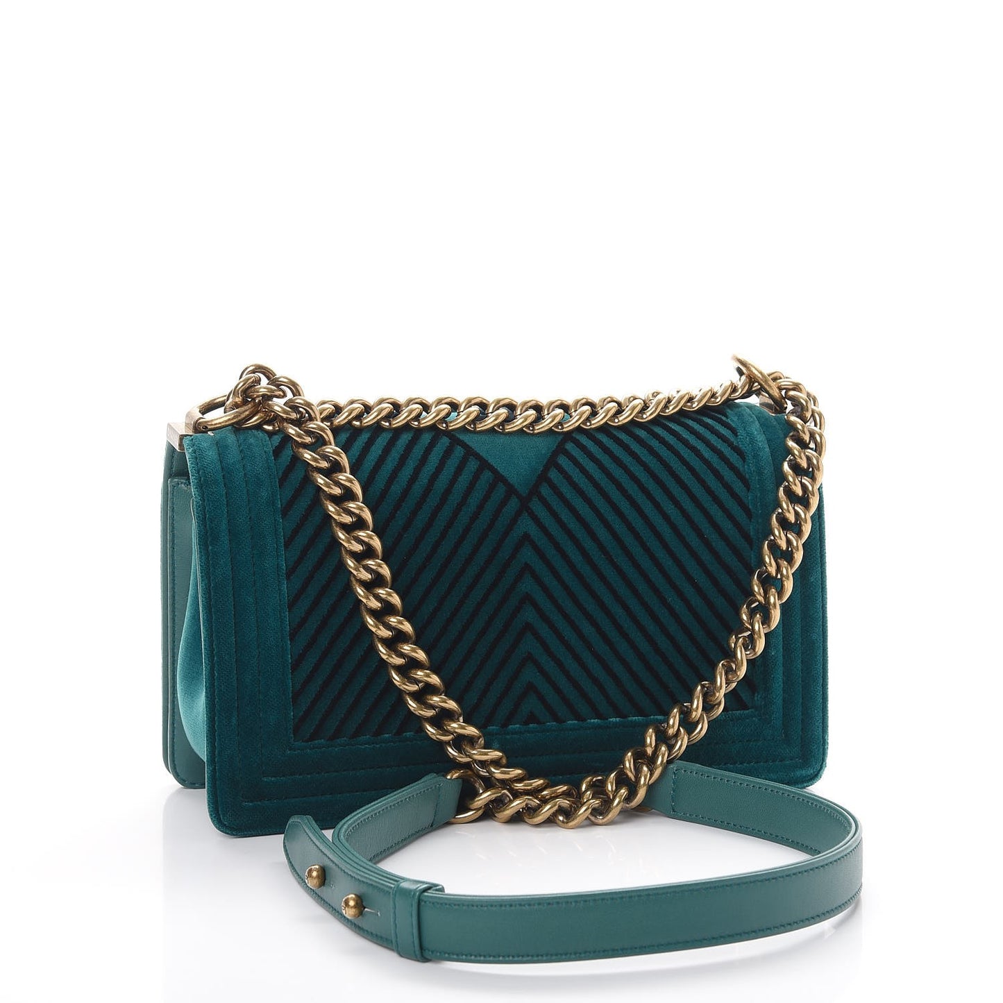Velvet Chevron Quilted Medium Boy Flap Peacock Blue