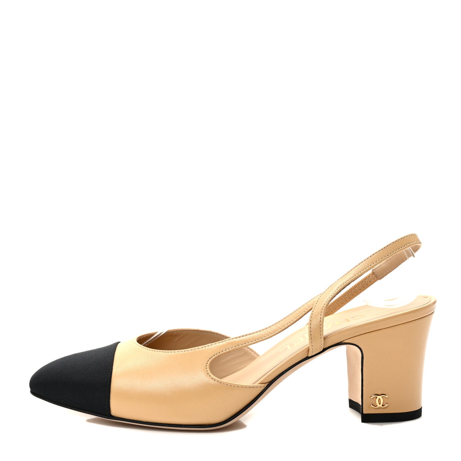 Chanel Goatskin Grosgrain Cap Toe CC Slingback Pumps 38 Beige Black 1 of 8