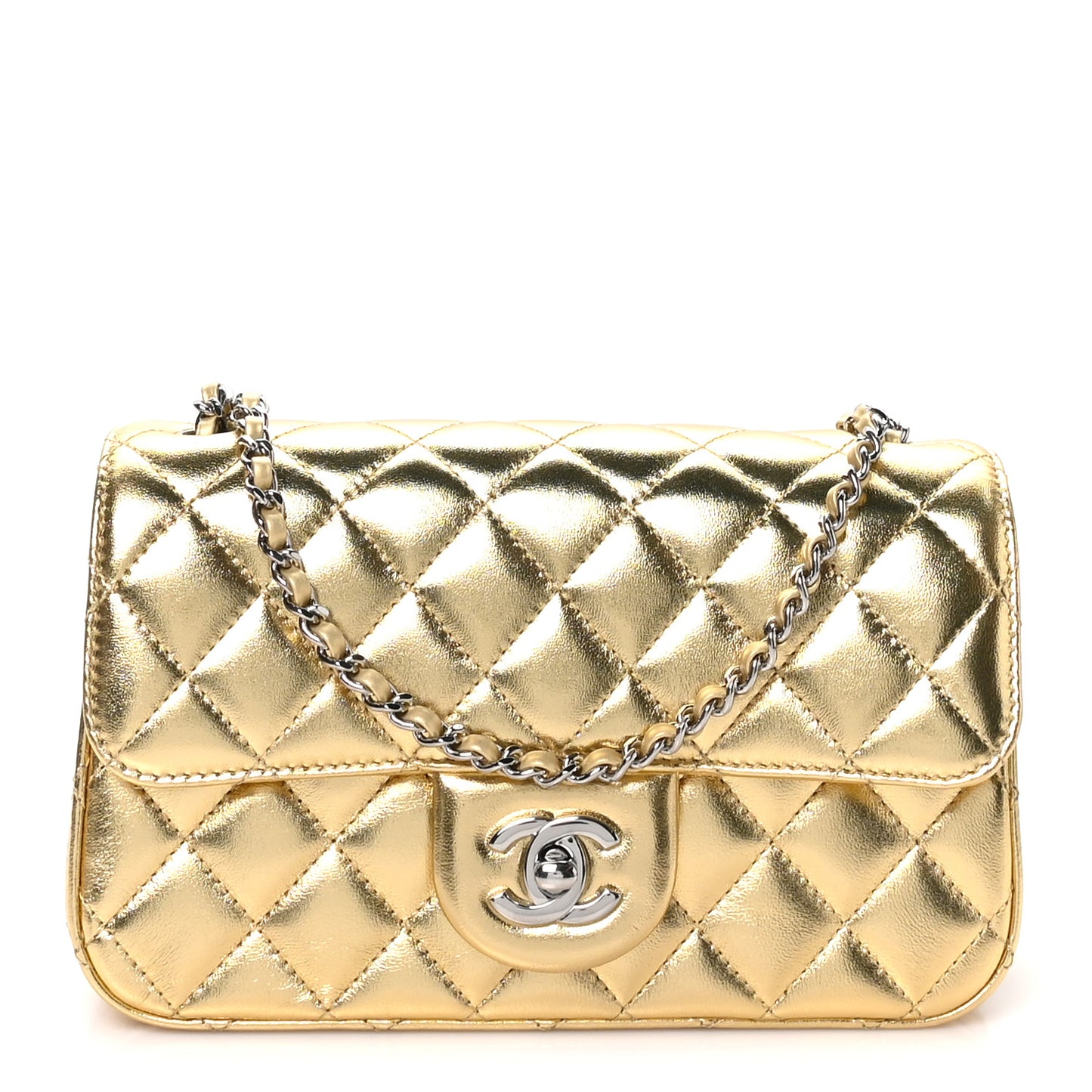 Metallic Lambskin Quilted Mini Rectangular Pearl Crush Flap  Gold