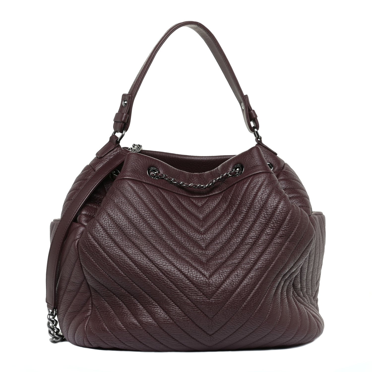 Chanel Deerskin Chevron CC Chain Bucket Drawstring Bag Burgundy 1 of 10