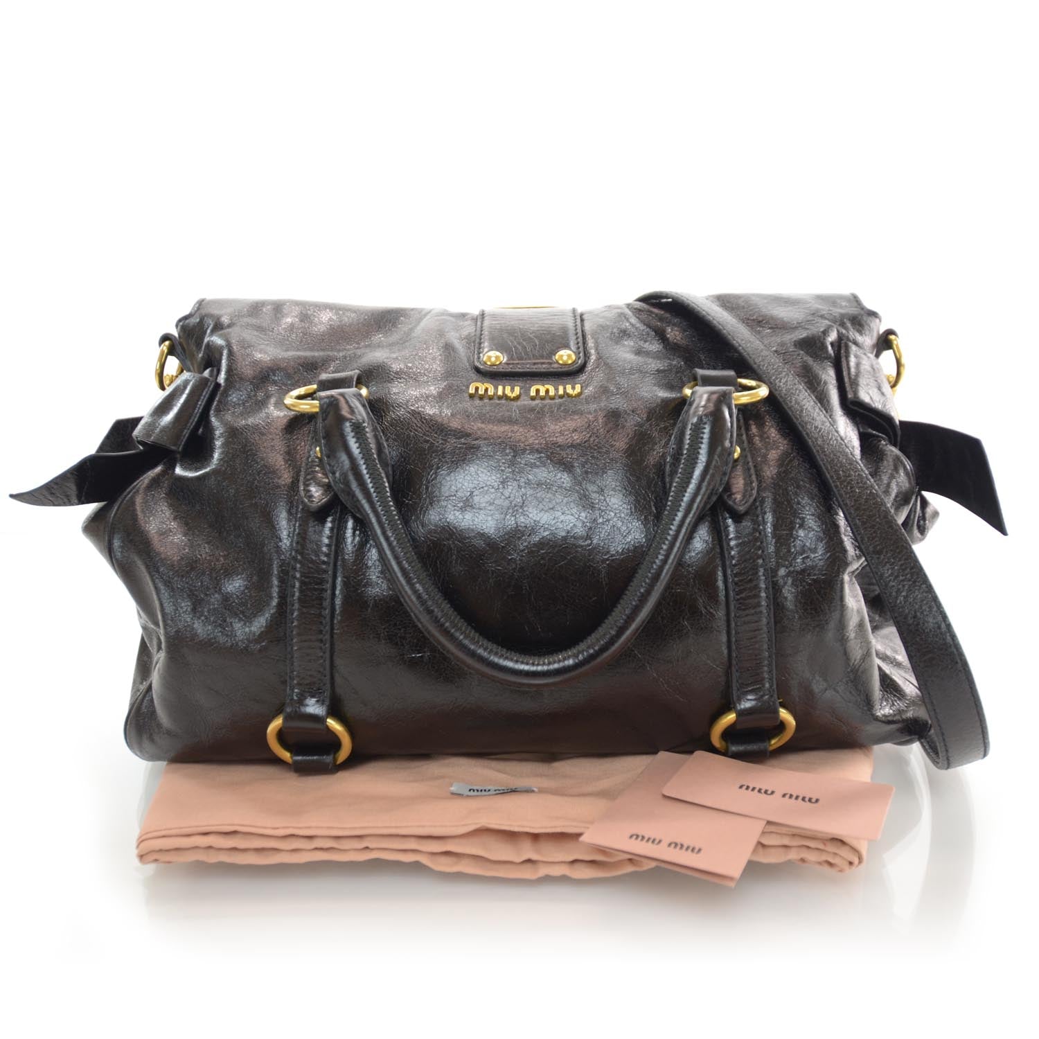 Miu Miu Leather Vitello Lux Bow Bag Black 3 of 7