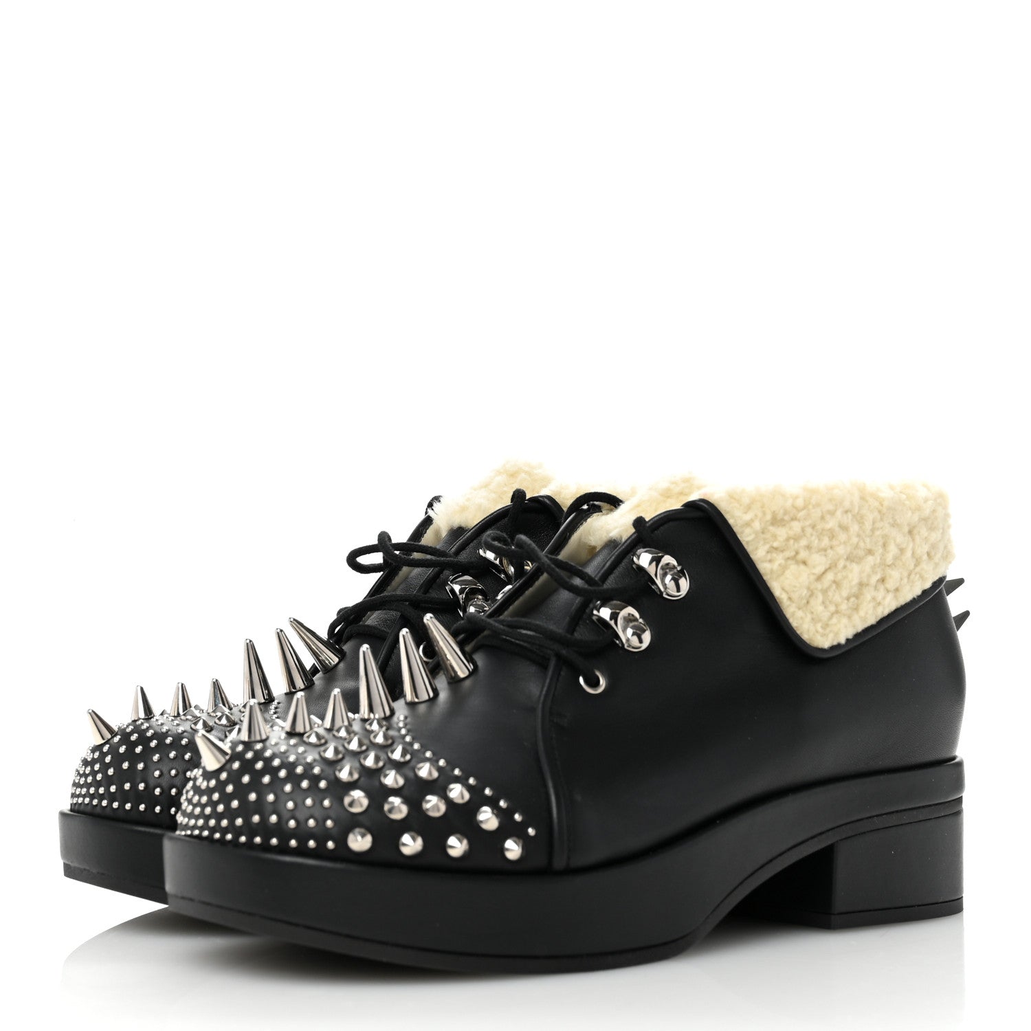 Gucci Calfskin Faux Shearling Studded Victor Ankle Boots 38 Black Mystic White 4 of 8