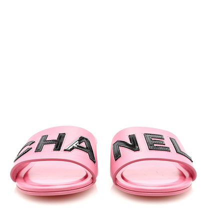 Chanel Calfskin Patent Calfskin Logo Mules 38 Pink Black 3 of 8