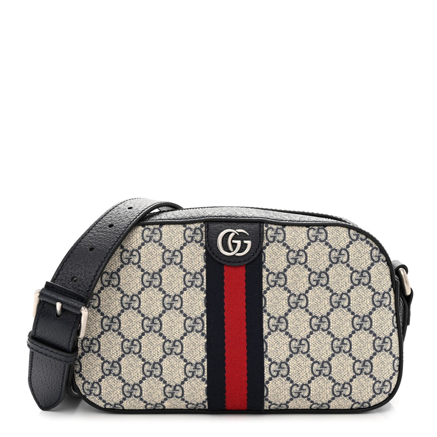 GG Supreme Monogram Textured Dollar Calfskin Web Small Ophidia Camera Bag Beige Blue
