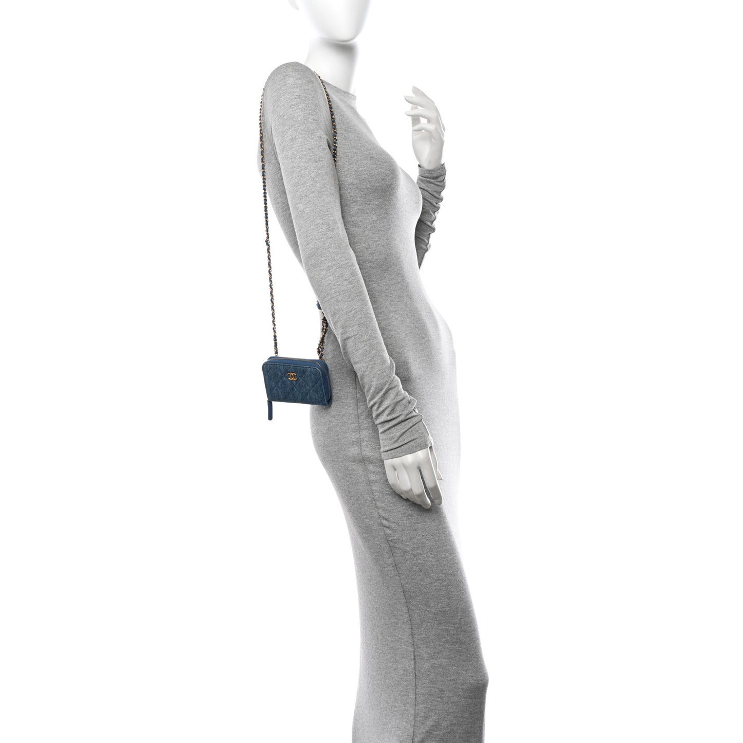 Denim Quilted CC Pearl Crush Zip Card Holder On Chain Blue