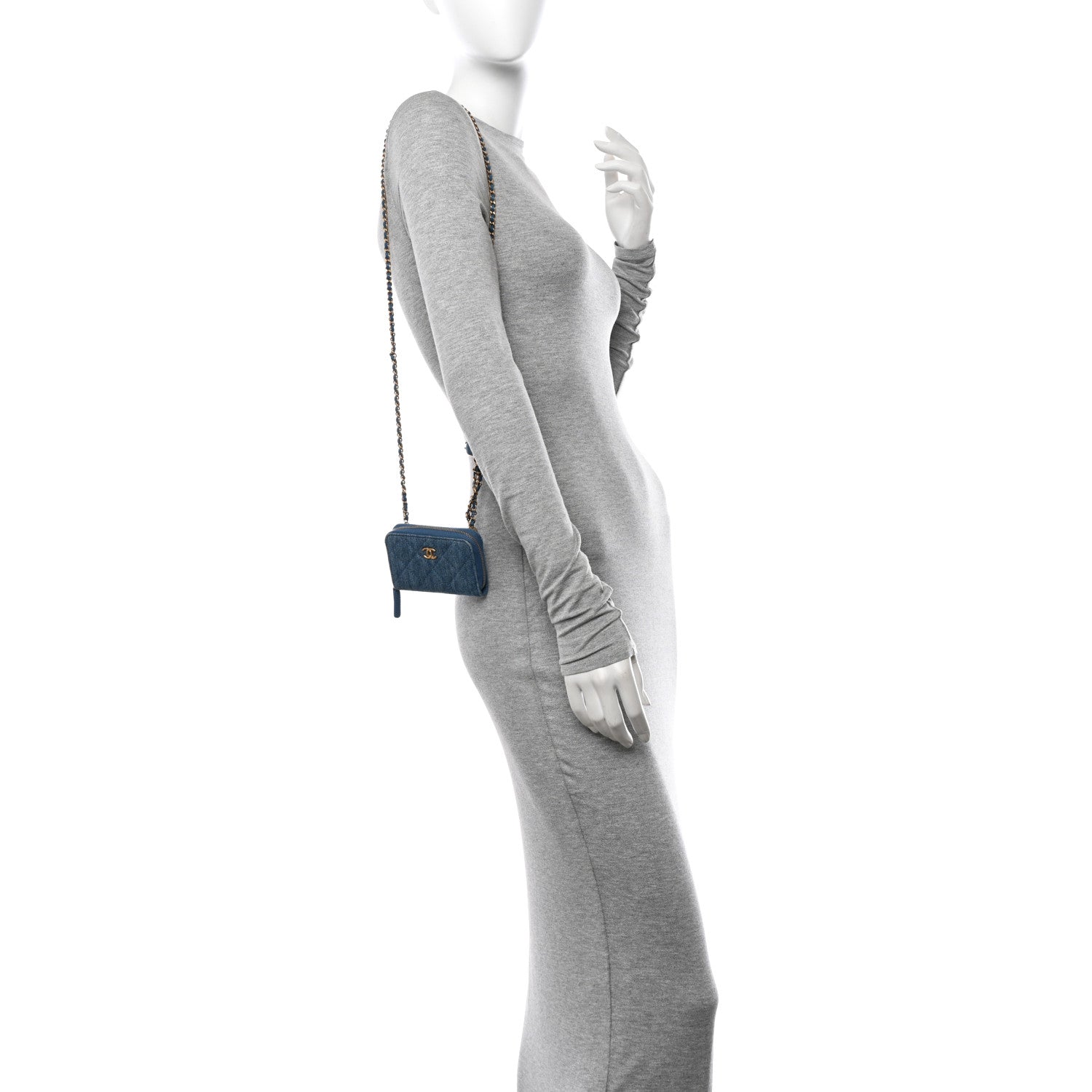 Chanel Denim Quilted CC Pearl Crush Zip Card Holder On Chain Blue 2 of 10