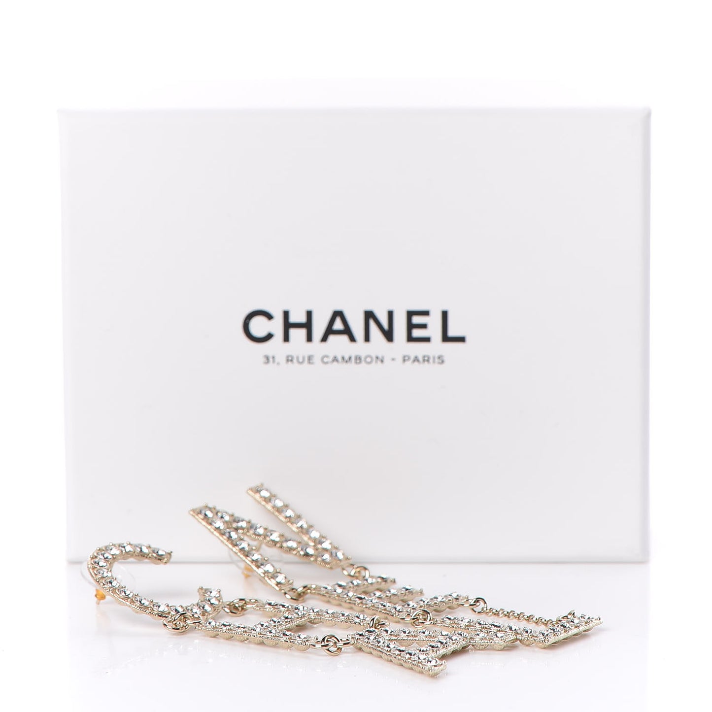 Crystal Cha-Nel Logo Drop Earrings Gold