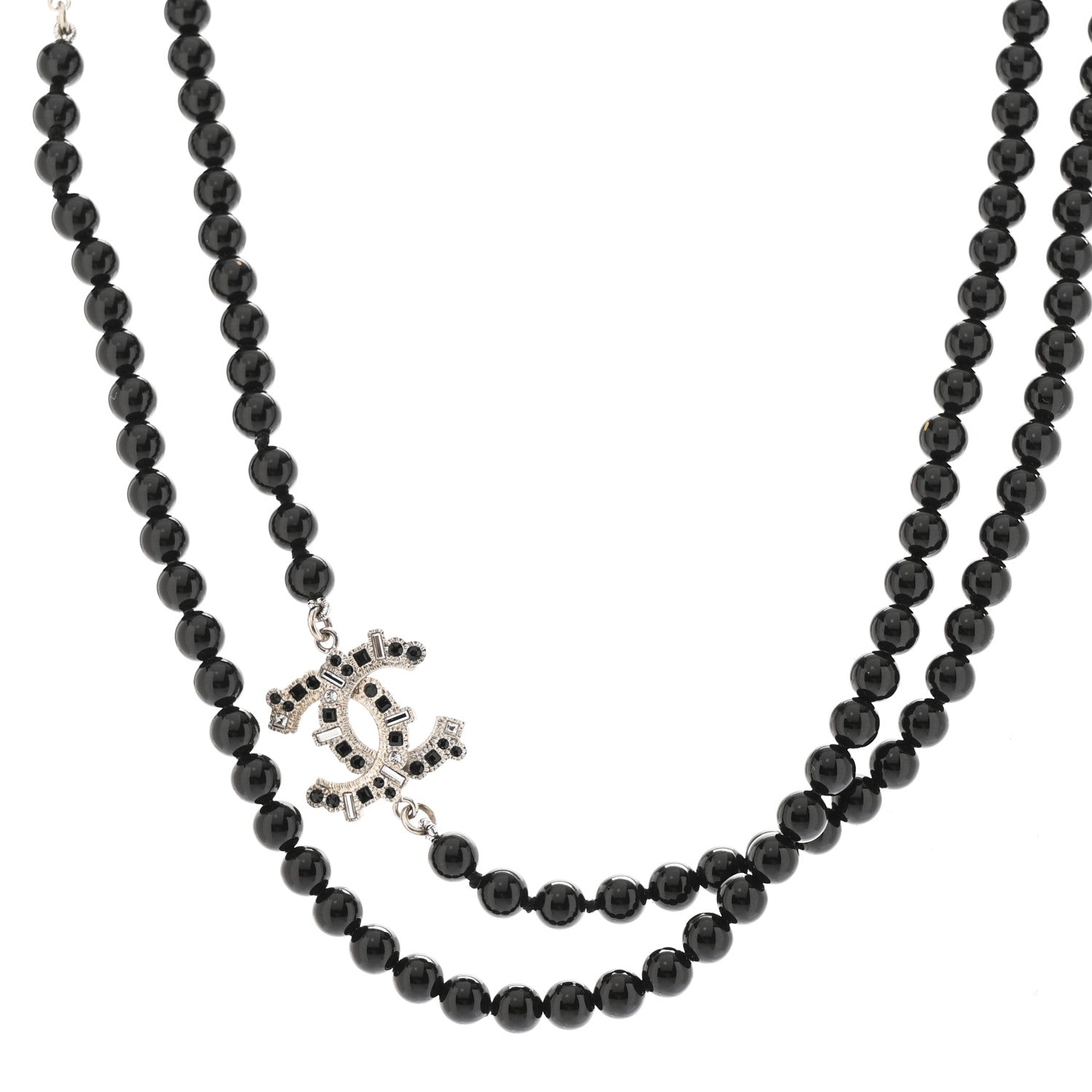 Chanel Metal Crystal Beaded CC Long Necklace Black Silver 4 of 7