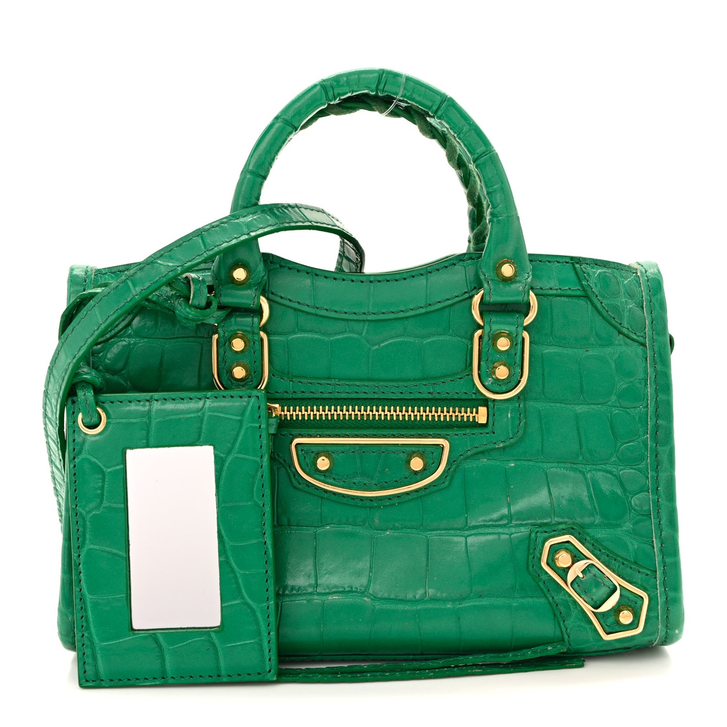 Shiny Supple Calfskin Crocodile Embossed Gold Metallic Edge Hardware Nano City Leaf Green