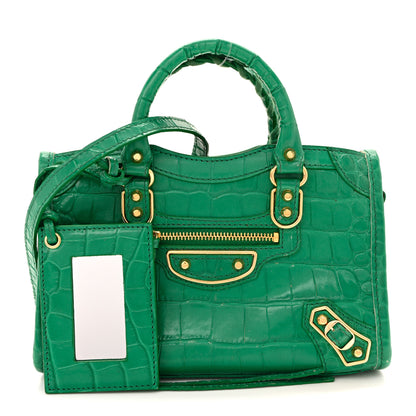 Balenciaga Shiny Supple Calfskin Crocodile Embossed Gold Metallic Edge Hardware Nano City Leaf Green 3 of 16