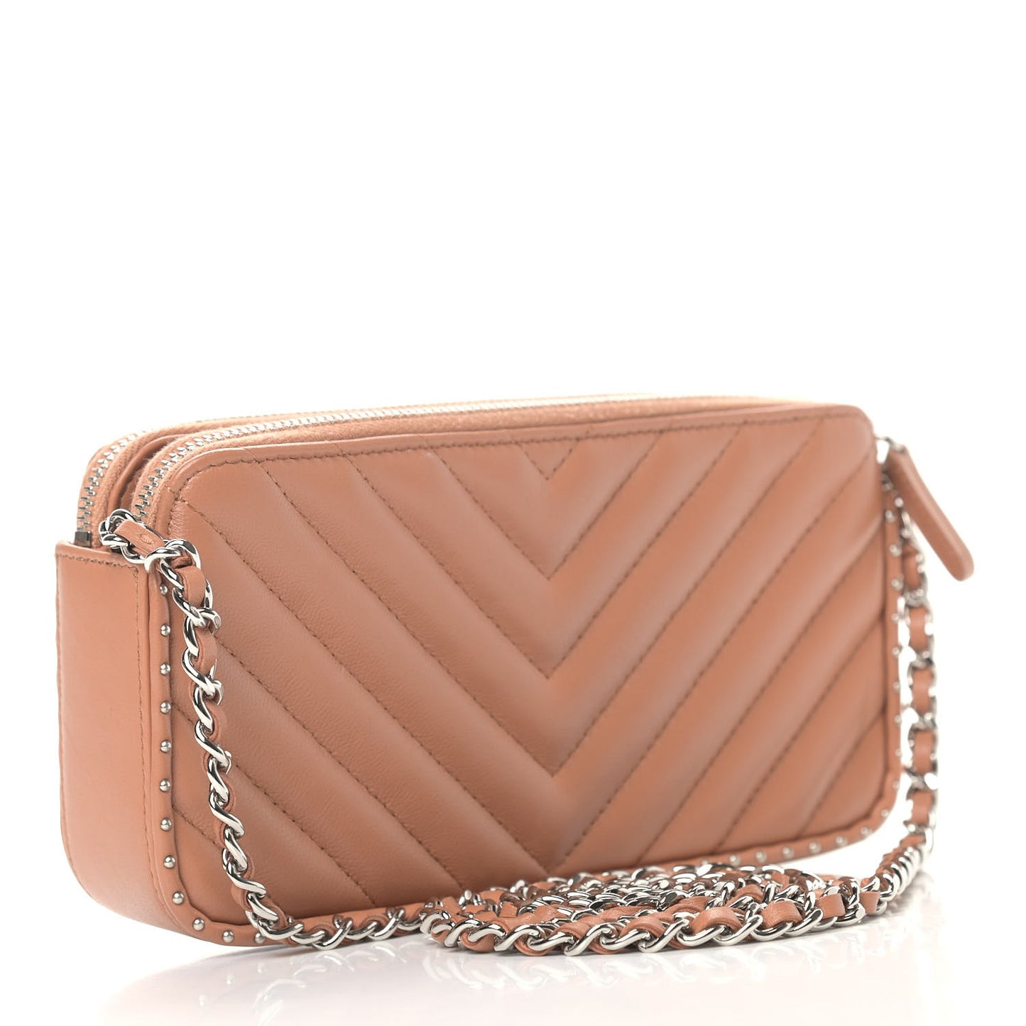Lambskin Chevron Quilted Studded Small Clutch With Chain Beige
