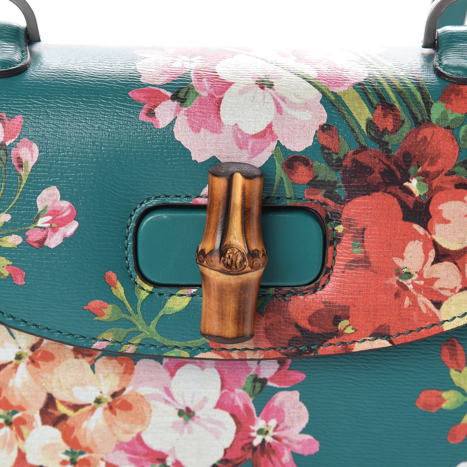 Gucci Shangai Calfskin Blooms Print Small Classic Bamboo Top Handle Bag Bright Emerald Multicolor 9 of 11