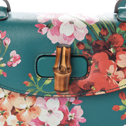 Gucci Shangai Calfskin Blooms Print Small Classic Bamboo Top Handle Bag Bright Emerald Multicolor 9 of 11