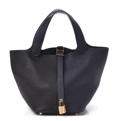 Hermes Taurillon Clemence Casaque Picotin Lock 18 PM Blue Nuit Black Bleu Frida 1 of 12