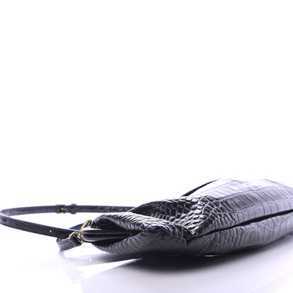 Balenciaga Shiny Supple Calfskin Logo Crocodile Embossed XL Cloud Clutch Black White 6 of 10