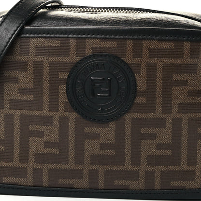 Fendi Glazed Fabric Vitello Century FF 1974 Stamp Patch Mini Camera Case Mogano Panna Black 9 of 12