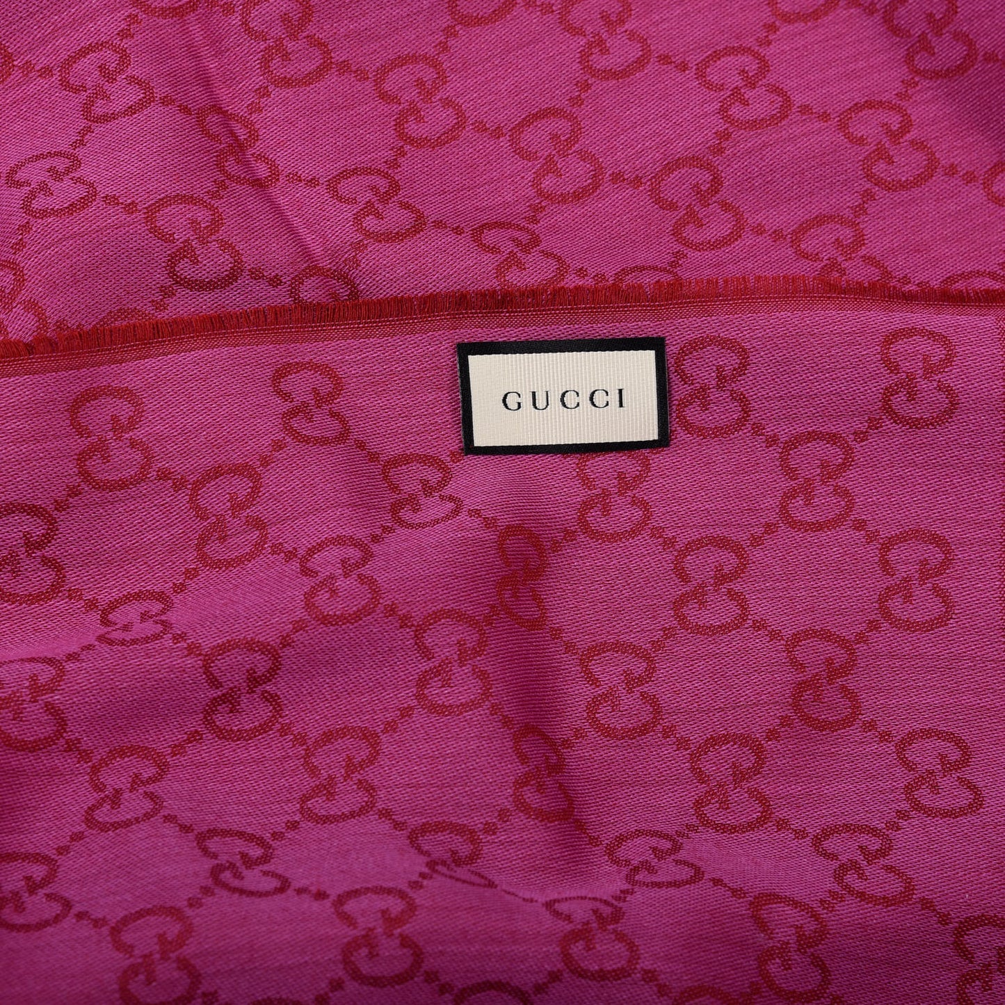Wool Silk GG Monogram GGWeblong Fringe Scarf Shawl Red Pink
