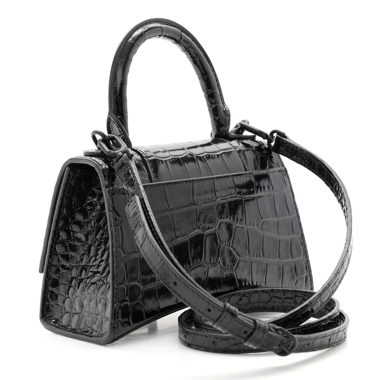 Shiny Calfskin Monochrome Crocodile Embossed Hourglass Top Handle Bag XS Black