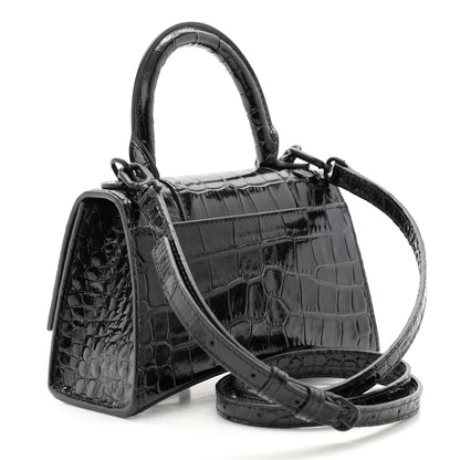 Balenciaga Shiny Calfskin Monochrome Crocodile Embossed Hourglass Top Handle Bag XS Black 3 of 10