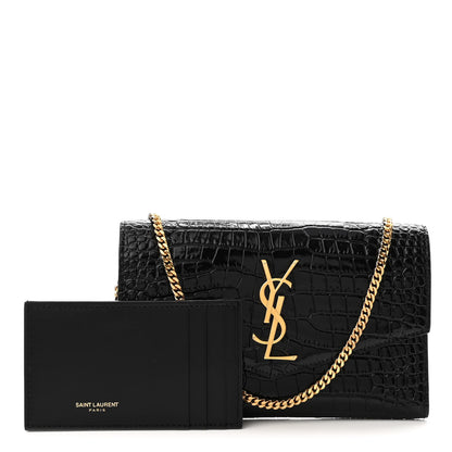 Saint Laurent Calfskin Crocodile Embossed Monogram Uptown Chain Wallet Black 1 of 12