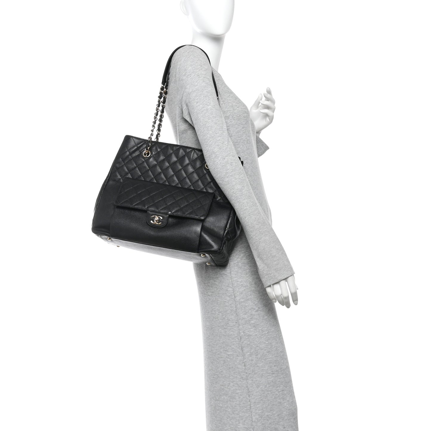 Caviar Quilted Large Flap Shopping Tote Black
