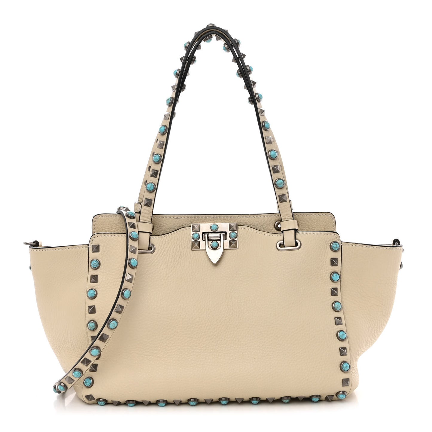 Grained Calfskin Turquoise Small Rockstud Rolling Tote Light Ivory