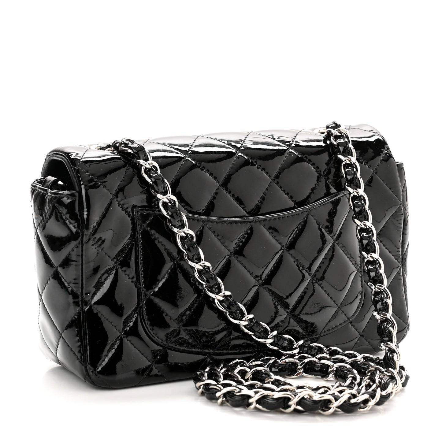 Patent Calfskin Quilted Mini Rectangular Flap Black