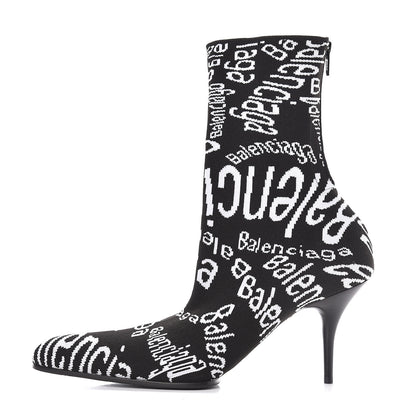 Balenciaga Knit Jacquard Curved Typo Booties 38.5 Black White 1 of 8