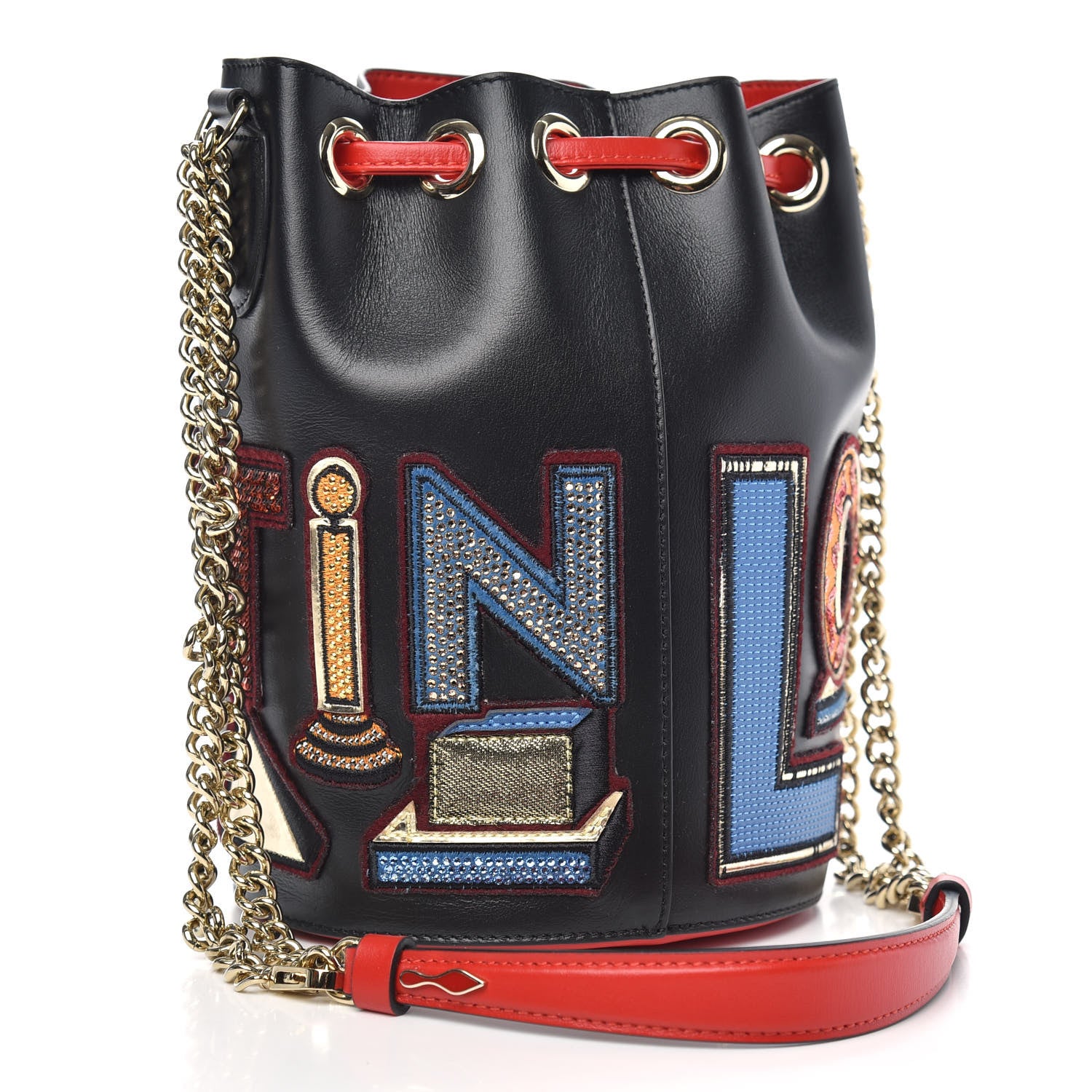 Christian Louboutin Calfskin Embroidered Alpha Marie Jane Bucket Black Multicolor 3 of 10
