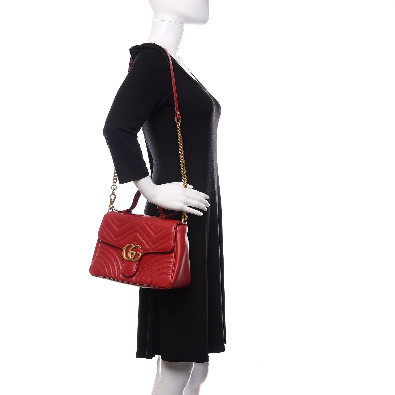 Gucci Calfskin Matelasse Small GG Marmont Top Handle Shoulder Bag Hibiscus Red 2 of 11