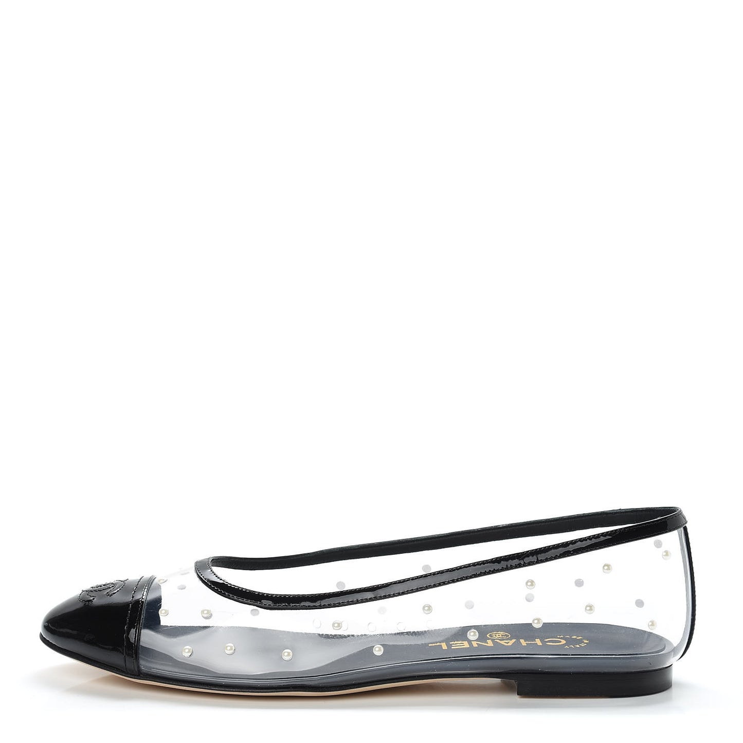 PVC Patent Calfskin Pearl Cap Toe Ballerina Flats 39 Transparent Black