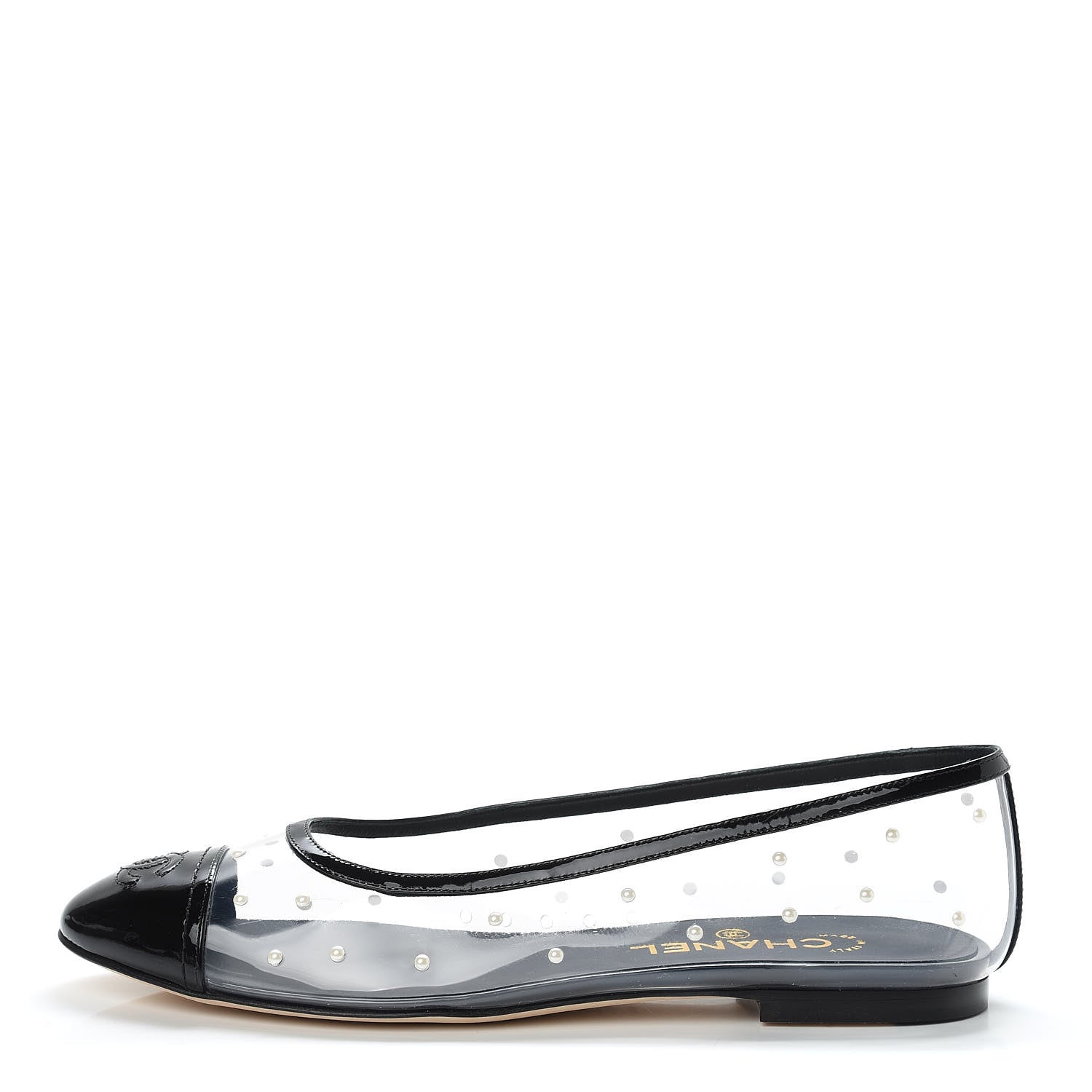 Chanel PVC Patent Calfskin Pearl Cap Toe Ballerina Flats 39 Transparent Black 1 of 8