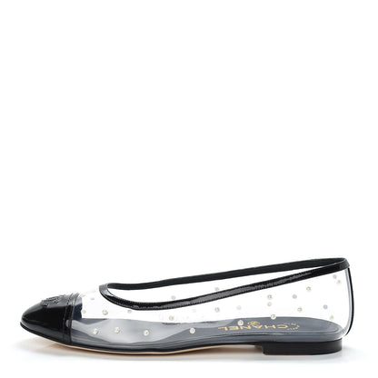 Chanel PVC Patent Calfskin Pearl Cap Toe Ballerina Flats 39 Transparent Black 1 of 8