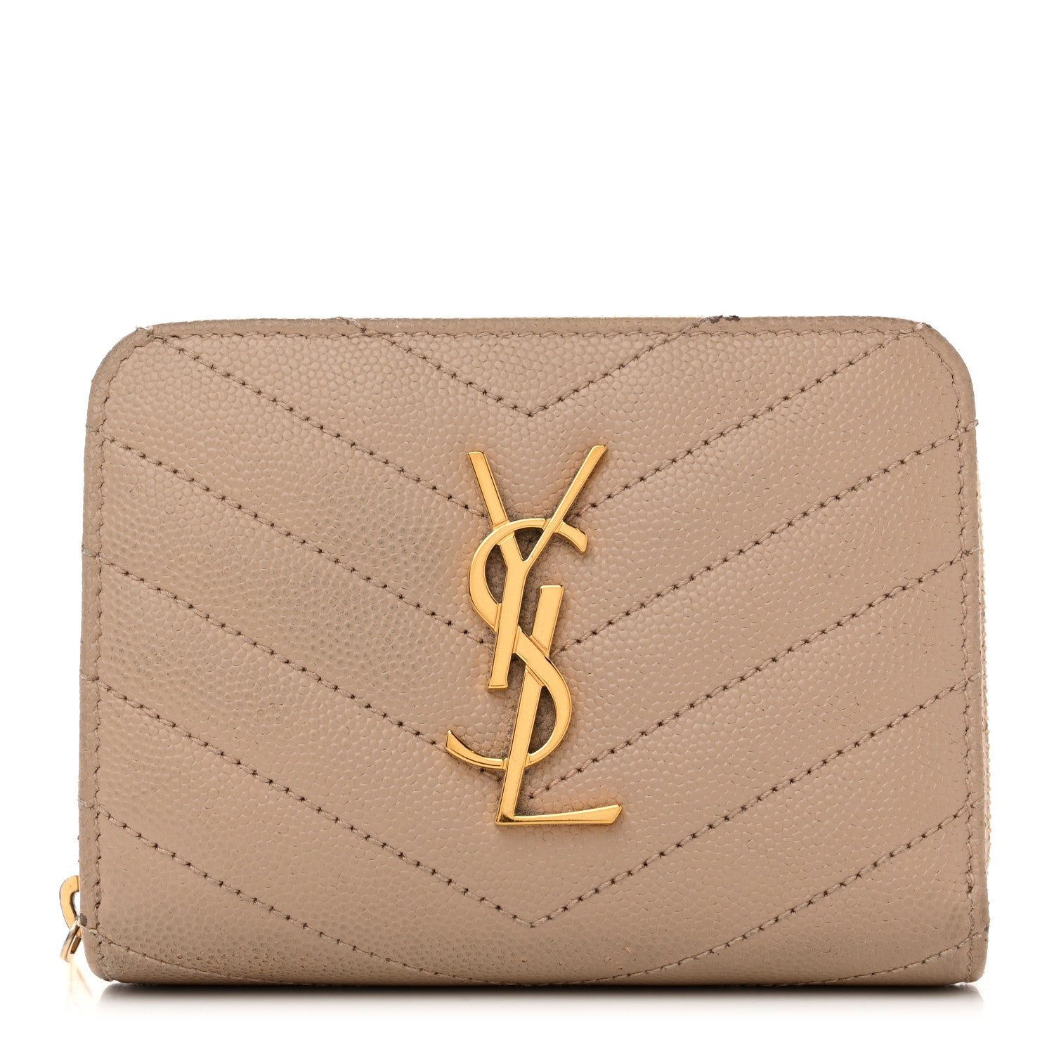 Saint Laurent Grain De Poudre Matelasse Chevron Monogram Compact Zip Around Wallet Dark Beige 1 of 8