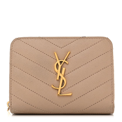 Saint Laurent Grain De Poudre Matelasse Chevron Monogram Compact Zip Around Wallet Dark Beige 1 of 8