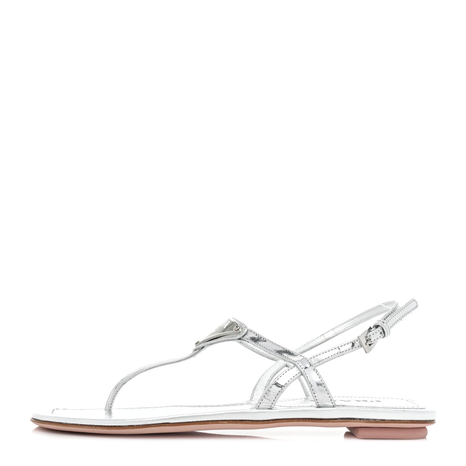 Prada Metallic Calfskin Metal Triangle Logo Slingback Flat Thong Sandals 38.5 Argento 1 of 12