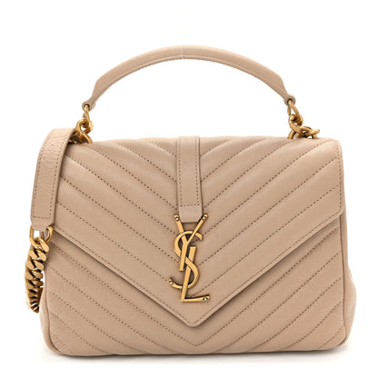 Saint Laurent Sheepskin Matelasse Chevron Monogram Medium College Bag Dark Beige 1 of 9
